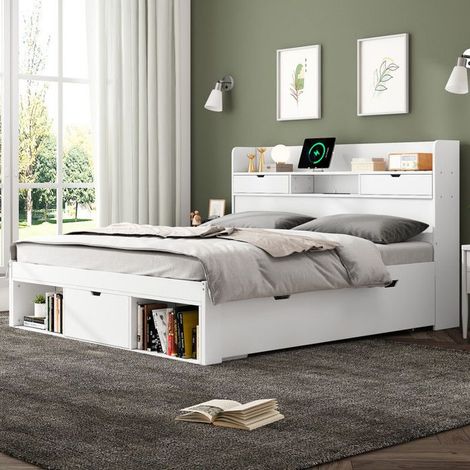 Lit double 140x190 cm avec USB et tiroirs,lit adulte/enfant avec grand espace de rangement et sommier à lattes Cadre de lit,blanc (1/5)
