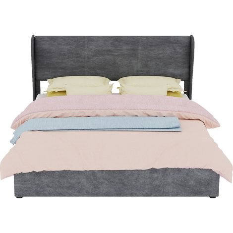 Lit capitonné moderne minimaliste 160x200 cm gris avec tête de lit rembourrée, sommier coffre haut à gaz + matelas inclus