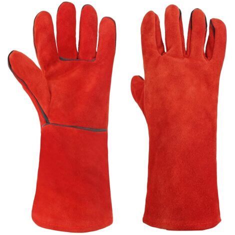 Long Leather Welding Gloves Heat and Fire Resistant - for Oven, Barbecue, Baking, Fireplace, Gardening - Red (1/5)