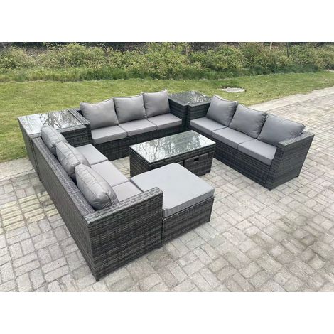 Fimous Extérieur en rotin salon de jardin canapé ensemble avec Table basse rectagulaire grand repose-pieds et 2 petits tabourets 2 Table d’appoint (1/5)