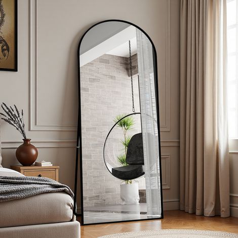 Standspiegel 180x80 cm – hängender oder an der Wand befestigter, gewölbter Bodenspiegel mit Metallrahmen für Wohnzimmer, Schlafzimmer oder Badezimmer – Schwarz