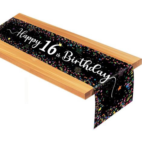 Tischläufer 16. Geburtstag Junge Mädchen, Schwarz mit Punkten, 185x33cm