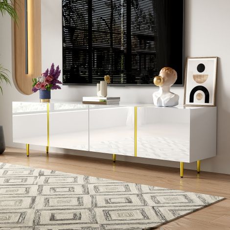 Mueble de TV de 170 cm en blanco brillo con cuatro puertas, 170x35x46 cm (1/5)