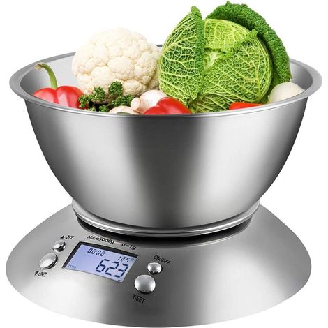 Balance De Cuisine - 5 Kg / 1 G - Affichage LCD Rétroéclairé - Minuterie Et Conversion Température - Bac Amovible En Acier Inoxydable