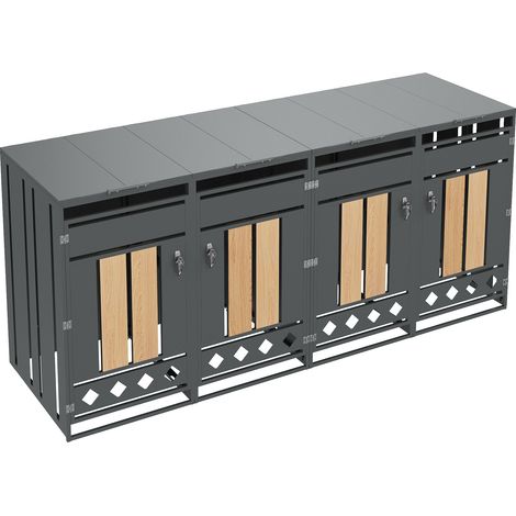 Abri pour poubelles avec couvercle relevable, compartiments de rangement pour déchets, verrouillable, quatre portes, panneau de porte à veinage bois vertical, socle creux en losange (1/5)