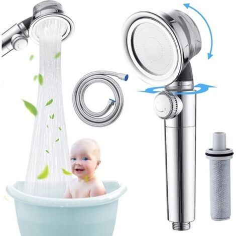 Shower head with hand shower and 1.5m hose, turbocharged high-pressure shower head, 360° rotating high-pressure shower head, 50% water saving, chrome shower head with anti-limescale function
