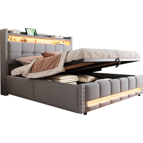 Letto matrimoniale 160x200 cm in lino grigio chiaro con LED, USB e contenitore - CHICFURN (1/5)
