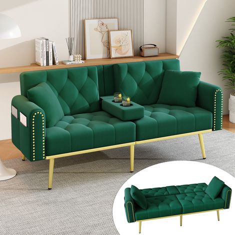 CHICFURN Sofá cama 175x80x73,5 cm de terciopelo verde con portavasos, para espacios pequeños (1/5)