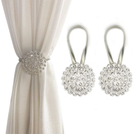 Magnetische Vorhang-Raffhalter, 2er-Pack, funkelnde Kristallblumen-Vorhang-Raffhalter, Vorhang-Schnallenclips (weiß)