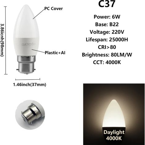 (C37 6W B22 4000K, 220V) 8 ampoules LED, pour l'éclairage et la décoration de la maison. (1/3)