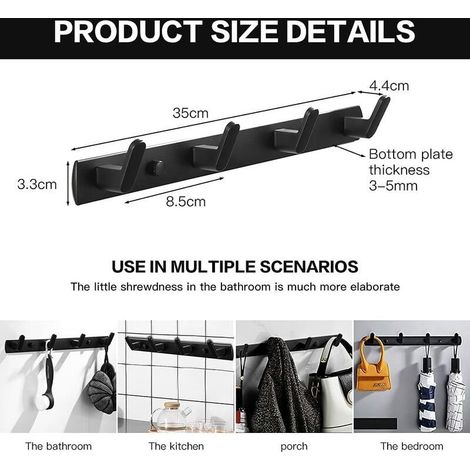 Porte Manteau Mural, Porte Manteau Salle de Bain Mural, Porte Manteaux Muraux Porte Serviette, Patères Porte Manteaux Avec 4 Crochets, pour Salle de Bain, Chambre, Cuisine, l'Entrée (Noir) (1/4)