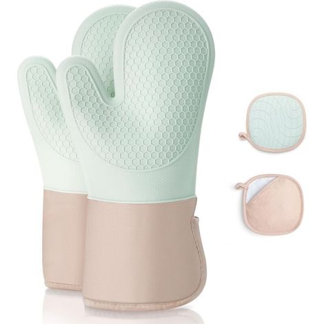 Bardusch-Lot de 4 gants et maniques cuisine, résistants à 350 °C, coton doux, silicone épais, verts, pâtisserie (1/5)