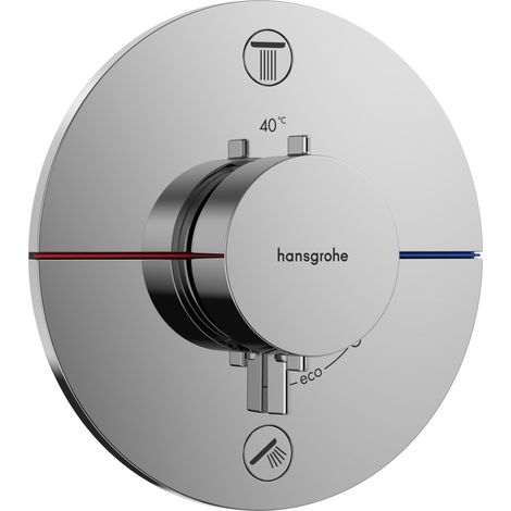 Mitigeur thermostatique, Robinet encastré avec arrêt de sécurité à 40°C, Thermostat rond, 2 sorties, Chromé (1/5)