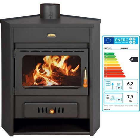 Prity – Poêle à bois d’angle 13,5 kW avec échangeur d’eau – Classe A, 7 L, pour bois sec, rendement 76,5 % – Design fonctionnel (1/5)