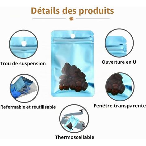 Sachets Zip Aluminium Refermable, Pochons Zip Alimentaire avec Fenêtre Transparente, Sac Mylar Hermétique pour Vente au Détail et Stockage des Objets (Bleu Métallisée, 7x10cm) (1/4)