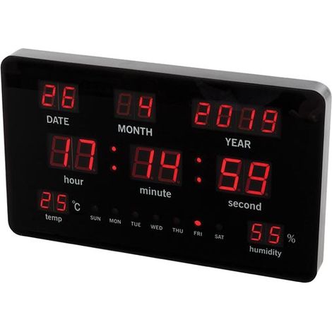 Perel Reloj de Pared Digital Negro, Gran Pantalla LED 37.5x25.5cm, Leds Rojos, Reloj Digital con Calendario, Hora, Fecha, Temperatura y Humedad, termómetro e higrómetro, para Oficina, Taller y Aula