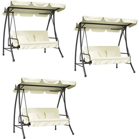 3er-Set 2 in 1 Hollywoodschaukel mit Liegefunktion 3-Sitzer Gartenschaukel mit verstellbarem Sonnendach, Schaukelbank belast bis 240kg, Gartenliege für Garten, Terrasse, 200x125x170 cm, Cremeweiß