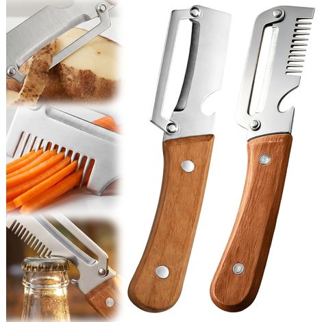 Lot de 2 éplucheurs Multifonctionnels, éplucheur Avec Manche en Bois, Acier Inoxydable Résistant, Éplucheur Multifonction 3 en 1 Légumes et Fruits, Ouvre-Bouteilles et Coupe Ciboulette