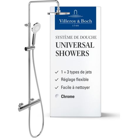 Villeroy & Boch Universal Showers Colonne de Douche Thermostatique avec Pomme de douche Ronde, Pommeau de douche 3 Jets et Support Réglable - Chrome (1/5)