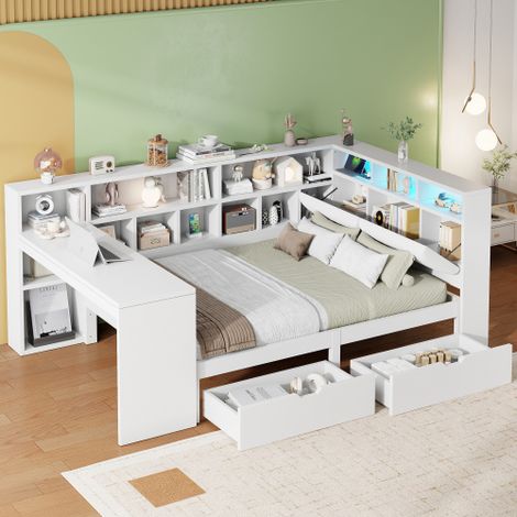 Lit plateforme en bois — Avec étagères de rangement, tiroirs, station de recharge et tête de lit rembourrée, doté d'un éclairage LED coloré — Blanc