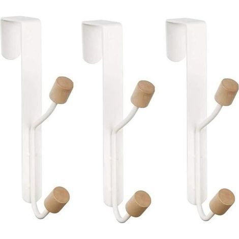 Patère - White - 3 Pieces - Carbon Steel and Wood - 5 kg Capacity - No-Drill Installation (1/4)
