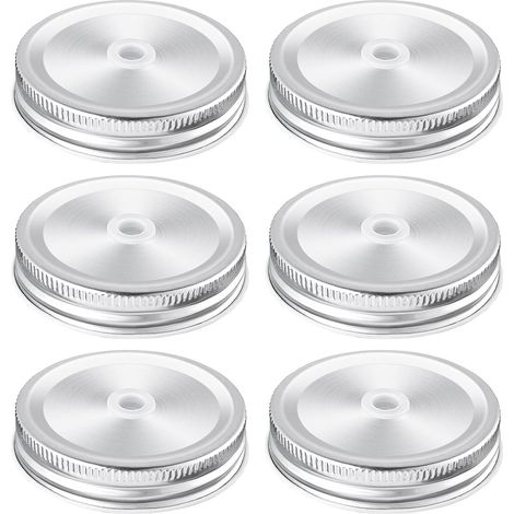 Lot de 6 couvercles de bocaux Mason avec trou de paille - 70 mm Couvercles de Pots Mason pour bocaux à ouverture normale, couvercles, Argentés (1/5)