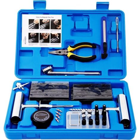 Kit de réparation de pneus - Kit de 68 mèches robustes, outils universels pour réparer les crevaisons et les pneus à plat. Convient aux voitures, motos, camions, tracteurs, camping-cars et SUV. (1/4)