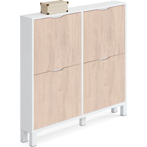 Pegane – Commode meuble à chaussures 4 portes blanc brillant effet bois – Dimensions 98 x 97 x 17 cm – Fabriqué en Espagne – Certifié PEFC