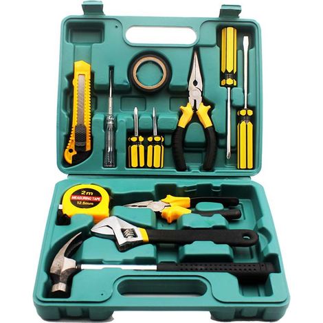 Kit outils multifonction 13 pièces dans coffre, ensemble marteau, pinces, tournevis et clés pour bricolage domestique et petites réparations automobile