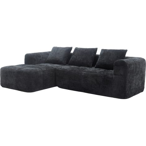 Sofá rinconero moderno de chenilla negra con chaise longue, 3 cojines, sin montaje (1/5)