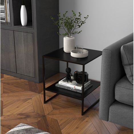 Table d'appoint en acier 40 x 40 x 45 cm noire, chevet avec étagère ouverte (1/5)
