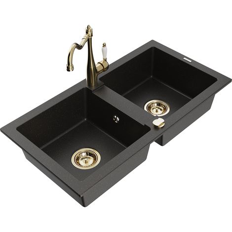 Mexen Mario lavello in granito a 2 vasche con miscelatore da cucina Carla, nero/oro metallizzato - 6504-75-670700-50 (1/5)