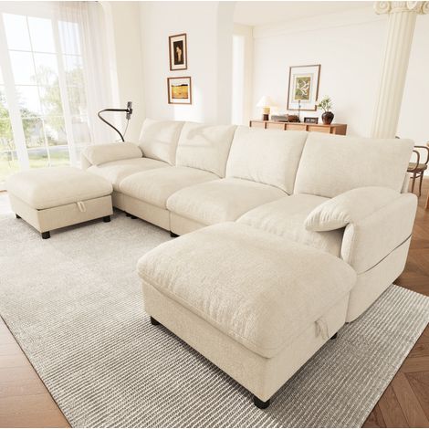 Divano angolare modulare 273.5x133x81 cm beige in chenille con vani contenitore, USB/Type-C e poggiatesta morbidi (1/5)