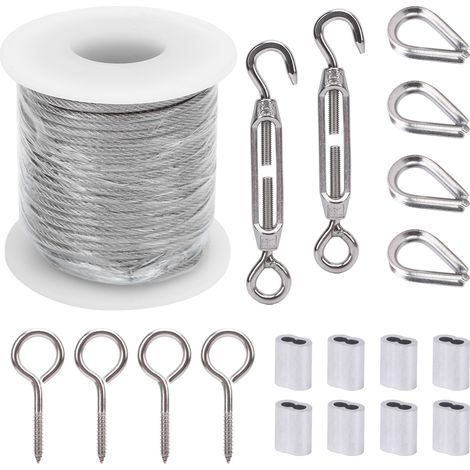 Câble en acier inoxydable de 15 m (49 pi), 2 mm de diamètre, revêtement résistant aux UV, kit multifonctionnel pour étendoir à linge, treillis de jardin, clôture à plantes