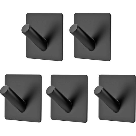Lot de 5 crochets muraux autocollants en acier inoxydable brossé, pour vêtements, rangement de salle de bain (sans perçage), noir (1/5)