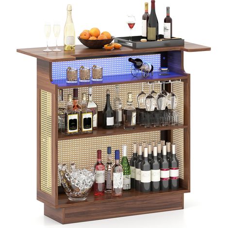 COSTWAY Rattan Bar Table with RGB LED Light & App Control-Brown (1/5)