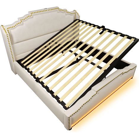Lit rembourré 140x200, lit double avec rangement hydraulique, éclairage LED et port de charge USB-C, lit de rangement et lit pour adolescent avec sommier à lattes, velours, beige, sans matelas (1/5)