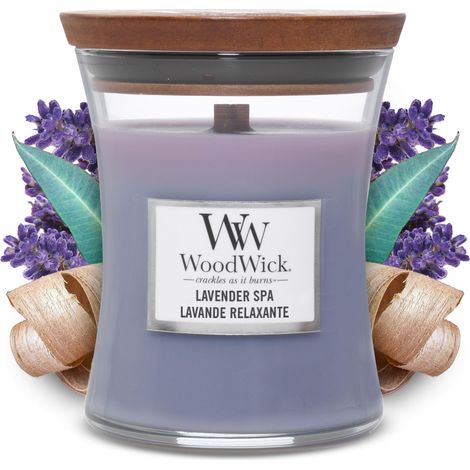 WoodWick Candela profumata Hourglass media con stoppino crepitante Spa alla Lavanda (Lavender Spa) Durata della fragranza: fino a 60 ore (1/4)