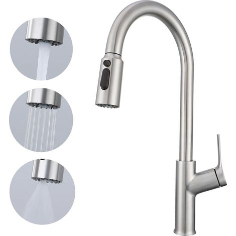 Robinet mitigeur de cuisine avec douchette extractible, robinet d'évier monobloc à haut arc pivotant, tête de pulvérisation 3 modes, acier inoxydable brossé (1/5)