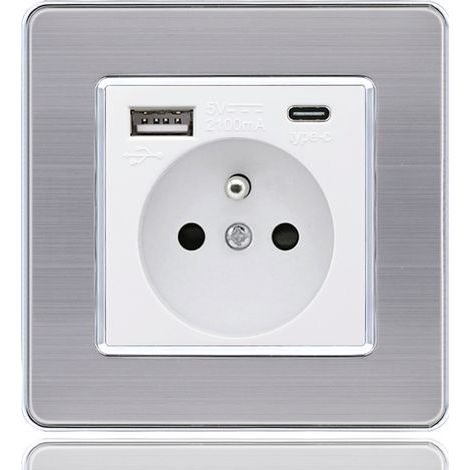 Panel de enchufes USB y tipo C 16A – 2 tomas + 1 puerto USB + 1 puerto tipo C – Acero inoxidable – Instalación rápida – Norma europea (1/5)