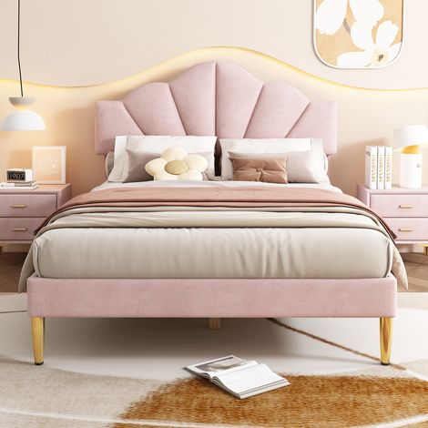 Lit rembourré 140×190cm velours rose,forme coquille,pieds fer doré,tête réglable,sommier à lattes bois