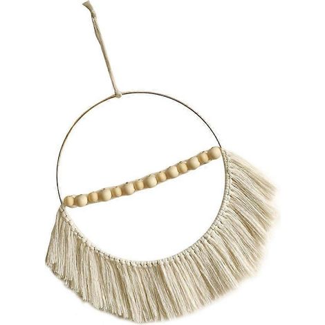 Macrame mural rond en corde de coton avec pompons et perles en bois, décoration suspendue bohème artisanale pour salon, chambre ou entrée. (1/4)