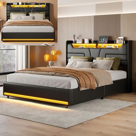 Bett 160x200 cm mit Lattenrost und Stauraum, Doppelbett mit integrierter LED, Kopfteil mit Stauraum, Schwarz