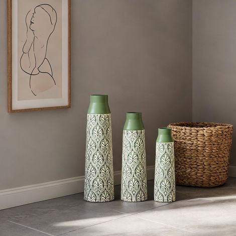 Lot de 3 vases de sol décoratifs en métal vert hauteur 61,5 51 (1/5)