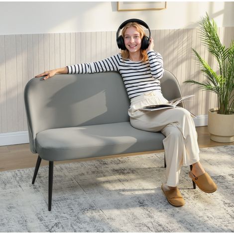 Panchetta 2 Posti 127x63x84,5 cm in Velluto Grigio, Struttura Metallo ed Eucalipto, Piedi 35 cm (1/5)