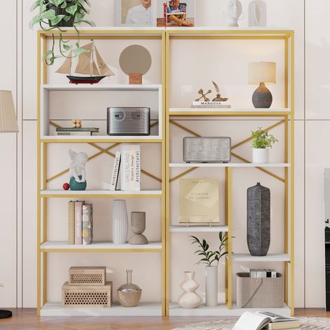Scaffale 160x29,5x180 cm - stile minimalista - in tubi d'acciaio e MDF - struttura rettangolare - colori oro e bianco