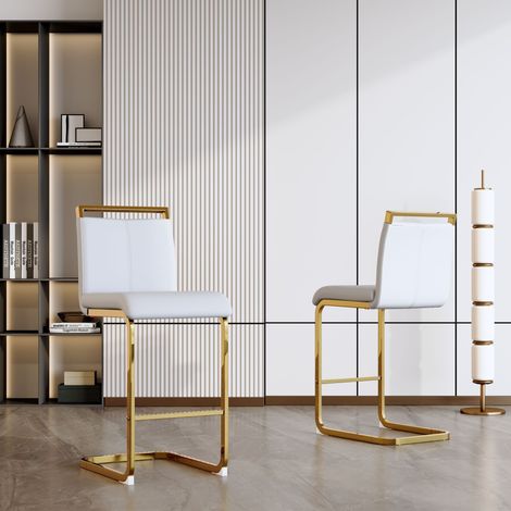 Ensemble de deux tabourets de bar de style nordique (2 pièces). Revêtement en similicuir blanc de haute qualité et pieds en métal doré. Convient aux restaurants, cuisines, etc. Hauteur totale : 96,5 c (1/5)