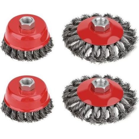 Lot de 4 brosses métalliques pour meuleuses d'angle – 2 x 75 mm et 2 x 105 mm – fil d'acier épais – filetage M14 pour machines rotatives, 1000 pièces (1/5)