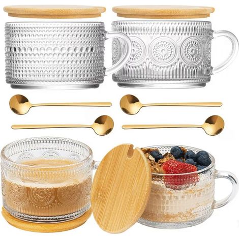 Set 4 Tasses café vintage, motifs reliefés, verre avec couvercle bambou, cuillères dorées, 301-400 ml, pour cappuccino, thé, dessert (1/5)
