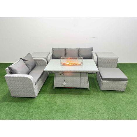 Fimous 6 Seater PE Rattan Wicker Garden Furniture Patio Conservatory Sofa Set with Firepit Dining Table 3 Seater Sofa Love Sofa Big Footstool 2 Side Table (1/4)